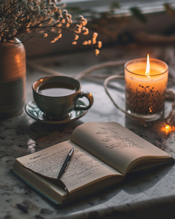 on the kitchen table there is an open journal, a pen, a burnt out candle and a cup of green tea, winter morning light, minimalist photography, Generative AIの素材
