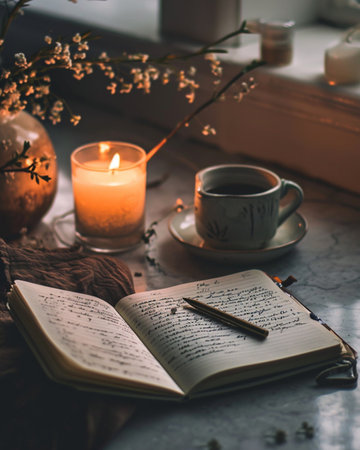 on the kitchen table there is an open journal, a pen, a burnt out candle and a cup of green tea, winter morning light, minimalist photography, Generative AIの素材