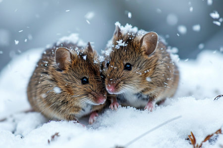 snowstorm, two mice snuggling together and almost covered in snow, , Generative AIの素材