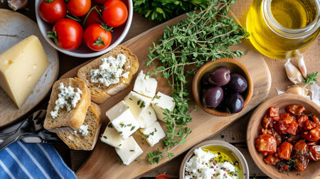 Healthy Turkish Breakfast Spread with Olives and Cheese, Generative AIの素材