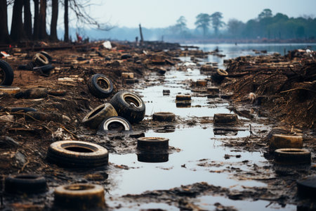 Polluted environment with old used car tires. Generative AIの素材