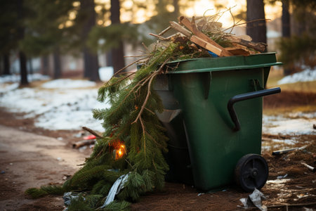 End of Christmas. Remains of holiday trees in the trash can, Generative AIの素材