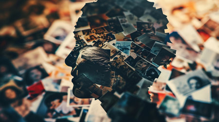 a collage of photographs, the photograph collage is in the shape of person against a dark background, Generative AIの素材