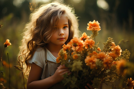 little girl with a bouquet of flowers in a field Generative AIの素材