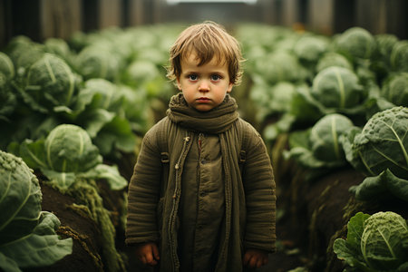 little boy in field cabbage Generative AIの素材