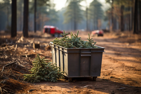 End of Christmas. Remains of holiday trees in the trash can, Generative AIの素材