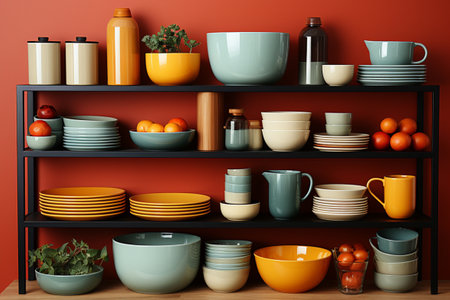 A set of dishes and kitchen utensils on a colored background. . Generative AIの素材