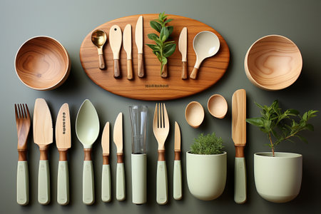 Set of clean kitchen utensils and dinnerware on light background, top view. Generative AIの素材