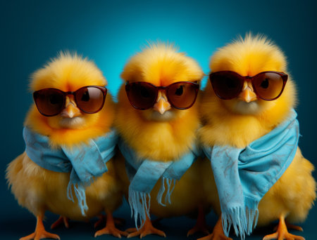 three cute, yellow chicken wearing sunglasses with blue backgrounds, Generative AIの素材