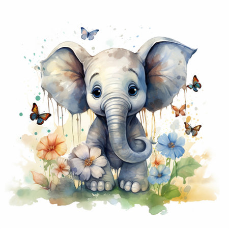 baby elephant and butterflies, watercolor on a white background, Generative AIの素材