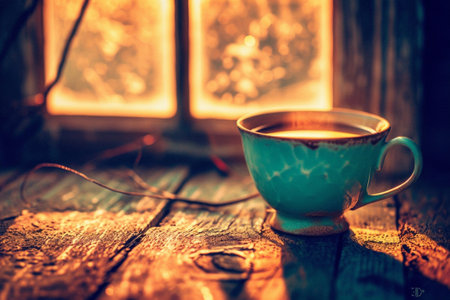 blue cup of steaming coffee on a wooden windowsill, Generative AIの素材