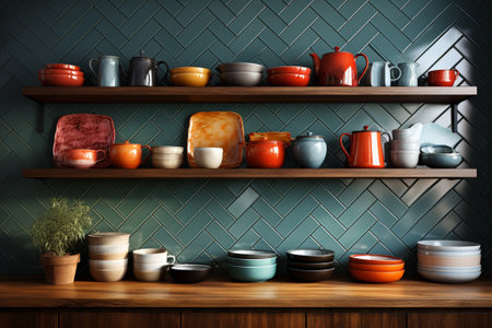 dishes on shelves in the kitchen with a mosaic wall, Generative AIの素材