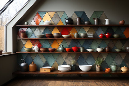 dishes on shelves in the kitchen with a mosaic wall, Generative AIの素材