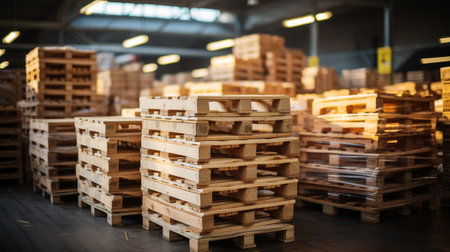 Rows of wooden pallets for delivery products Generative AIの素材