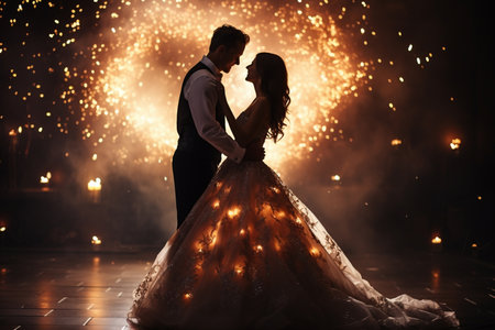 Wedding Fire Show. Newlyweds holding hands and watching fireworks and fire show Generative AIの素材