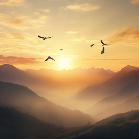 image of mountains, sunrise, birds flying, , Generative AIの素材