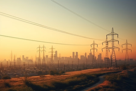 A group of power towers and city skyline in far distance, Generative AIの素材