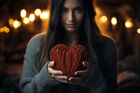 A woman holding a knitted heart in her hands, Generative AIの素材
