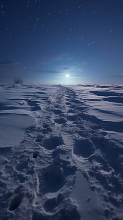 At night, the gray-blue sky, the bright moon hanging high in the sky, the sky with ground fish-scale clouds, the ground with thick snow, the snow has messy footprints , Generative AIの素材