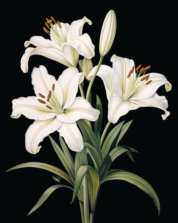 printed pattern of white lilies, in the style of gentle markings, naturalistic colors, painted, , , Generative AIの素材