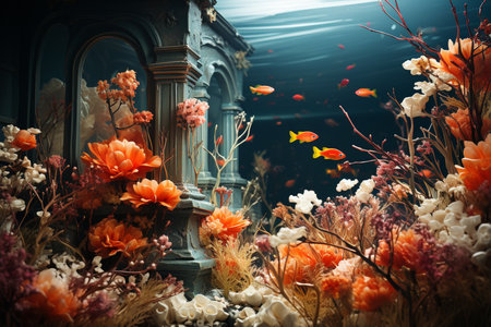 Colorful water reef with green algae and fish. Generative AIの素材