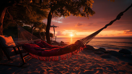 a hammock made of rattan on the beach during a splendid sunset, , Generative AIの素材