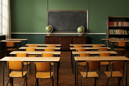 classroom with chairs, tables and chalkboard. Generative AIの素材