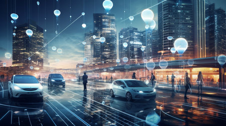 synergy of a smart city, where houses and cars seamlessly integrate into the landscape of interconnected IoT objects. Generative AIの素材