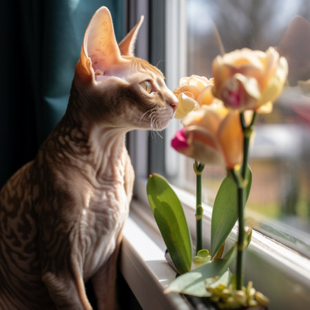 A Cornish Rex cat with a flower by the window Generative AIの素材