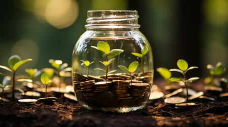 Business investment growth concept. Conceptual coins in glass bottle and growing tree on nature background. Generative AIの素材