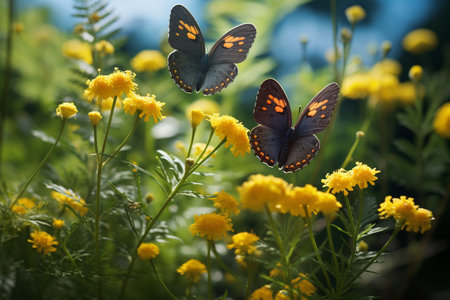 butterflies on the grass and flowers in a summer field.. Generative AIの素材