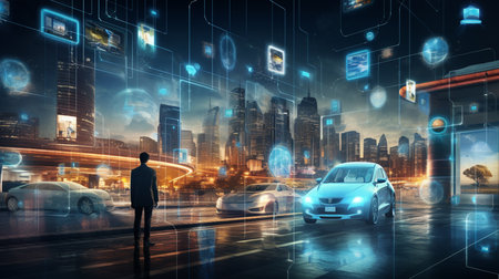 synergy of a smart city, where houses and cars seamlessly integrate into the landscape of interconnected IoT objects. Generative AIの素材