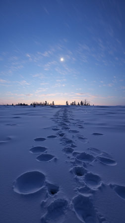 At night, the gray-blue sky, the bright moon hanging high in the sky, the sky with ground fish-scale clouds, the ground with thick snow, the snow has messy footprints , Generative AIの素材