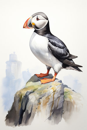 Drawing of a Puffin with Orange Eyes, , Generative AIの素材
