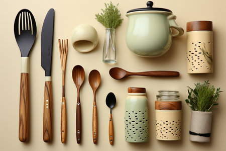 Set of clean kitchen utensils and dinnerware on light background, top view. Generative AIの素材