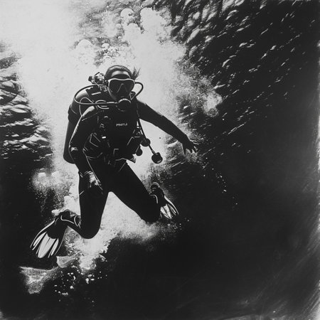 black and white high contrast pencil art of an female figure scuba diving underwater, Generative AIの素材