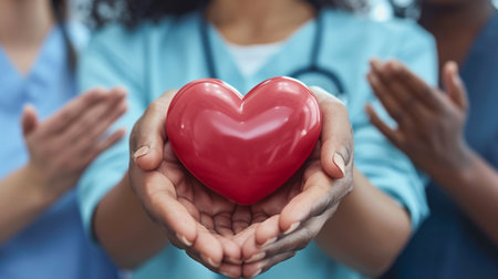 female hands of medical workers holding a heart, Generative AIの素材