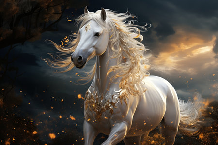 white horse with golden sparkles in its mane against the background of the moon. Generative AIの素材