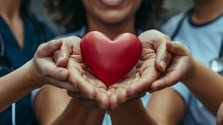 female hands of medical workers holding a heart, Generative AIの素材