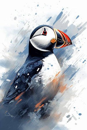 Drawing of a Puffin with Orange Eyes, , Generative AIの素材