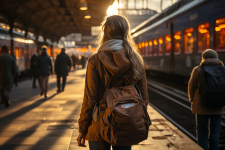 Woman with suitcase standing on train station. Generative AIの素材