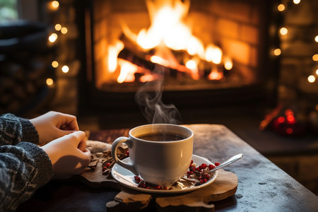 person drinkink hot cocoa sitting by the fire in front of cozy fireplace. Winter season, Generative AIの素材