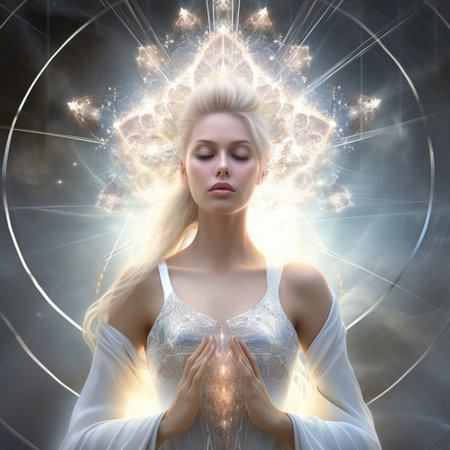woman emitting light, meditation, harmony. Generative AIの素材