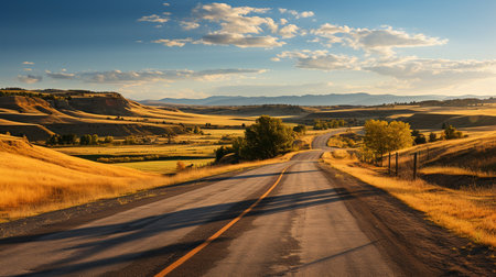 highway stretching into the distance between fields at sunset, Generative AIの素材