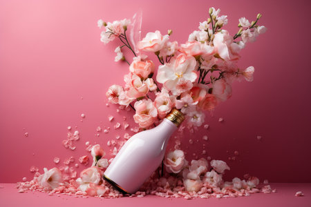 champagne bottle with flowers on a pink background. Generative AIの素材