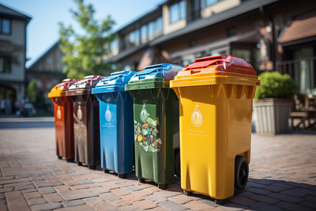separate waste collection, multi-colored garbage cans for different types of garbage Generative AIの素材