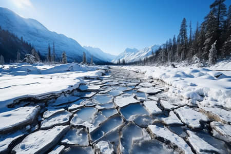 cracked ice on the river, mountains on the horizon, Generative AIの素材