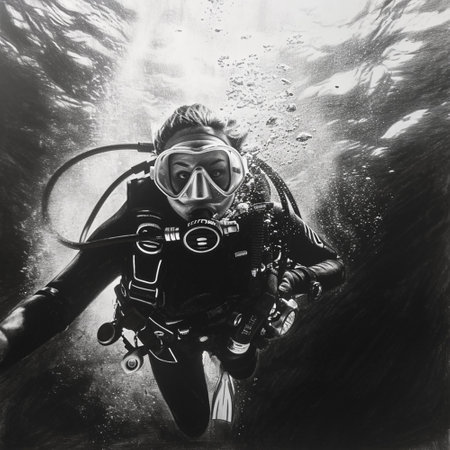black and white high contrast pencil art of an female figure scuba diving underwater, Generative AIの素材
