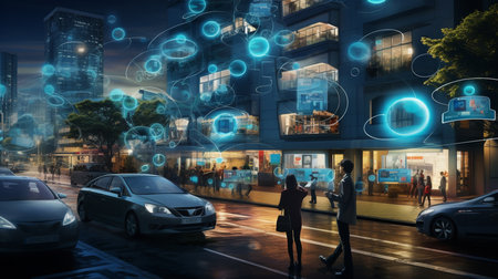 synergy of a smart city, where houses and cars seamlessly integrate into the landscape of interconnected IoT objects. Generative AIの素材