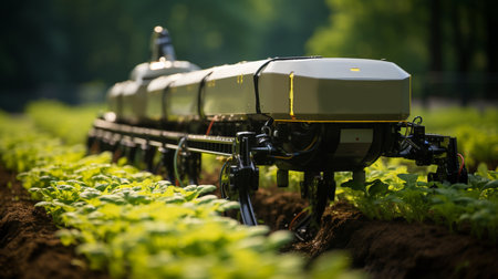 cyber farm, robots working in the field. Generative AIの素材